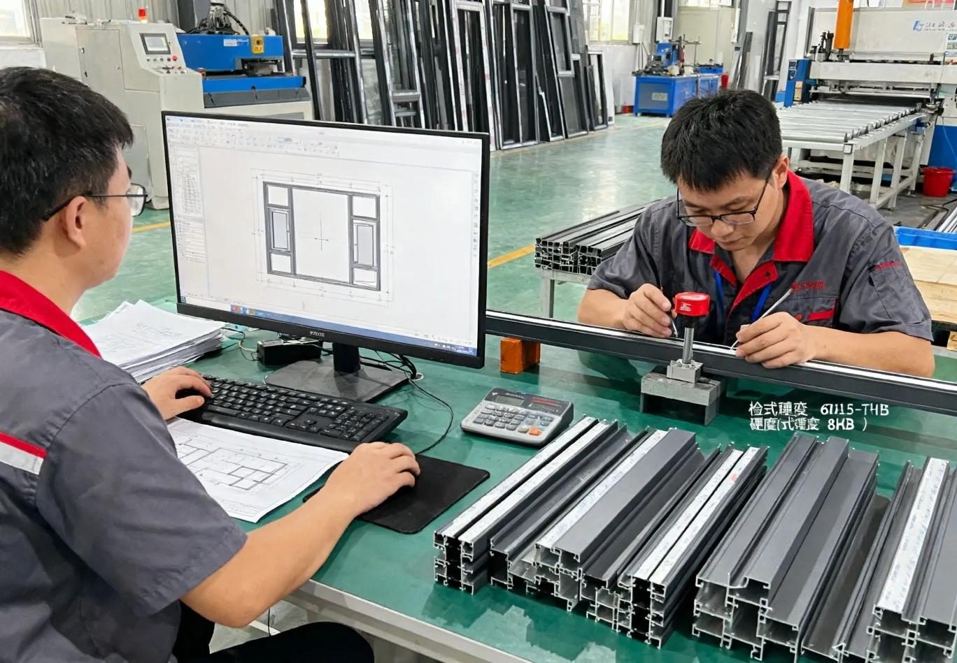 Workers checking aluminum window profile drawings and dimensions